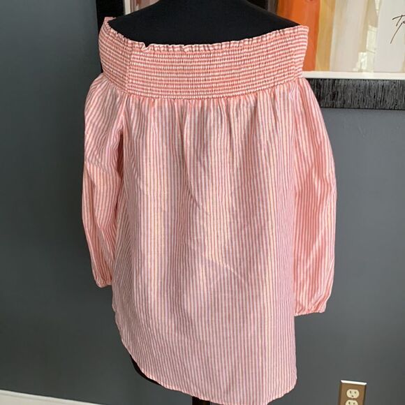 MICHAEL MICHAEL KORS orange & gold thread pinstripe off shoulder linen blend top - Picture 7 of 9